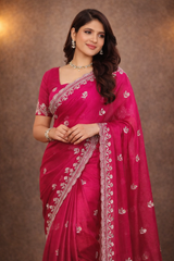 Rani Pink Satin Silk Embroidered Saree