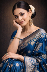 Teal Blue Banarasi Silk Gold Zari work Saree