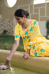 yellow floral cotton silk saree