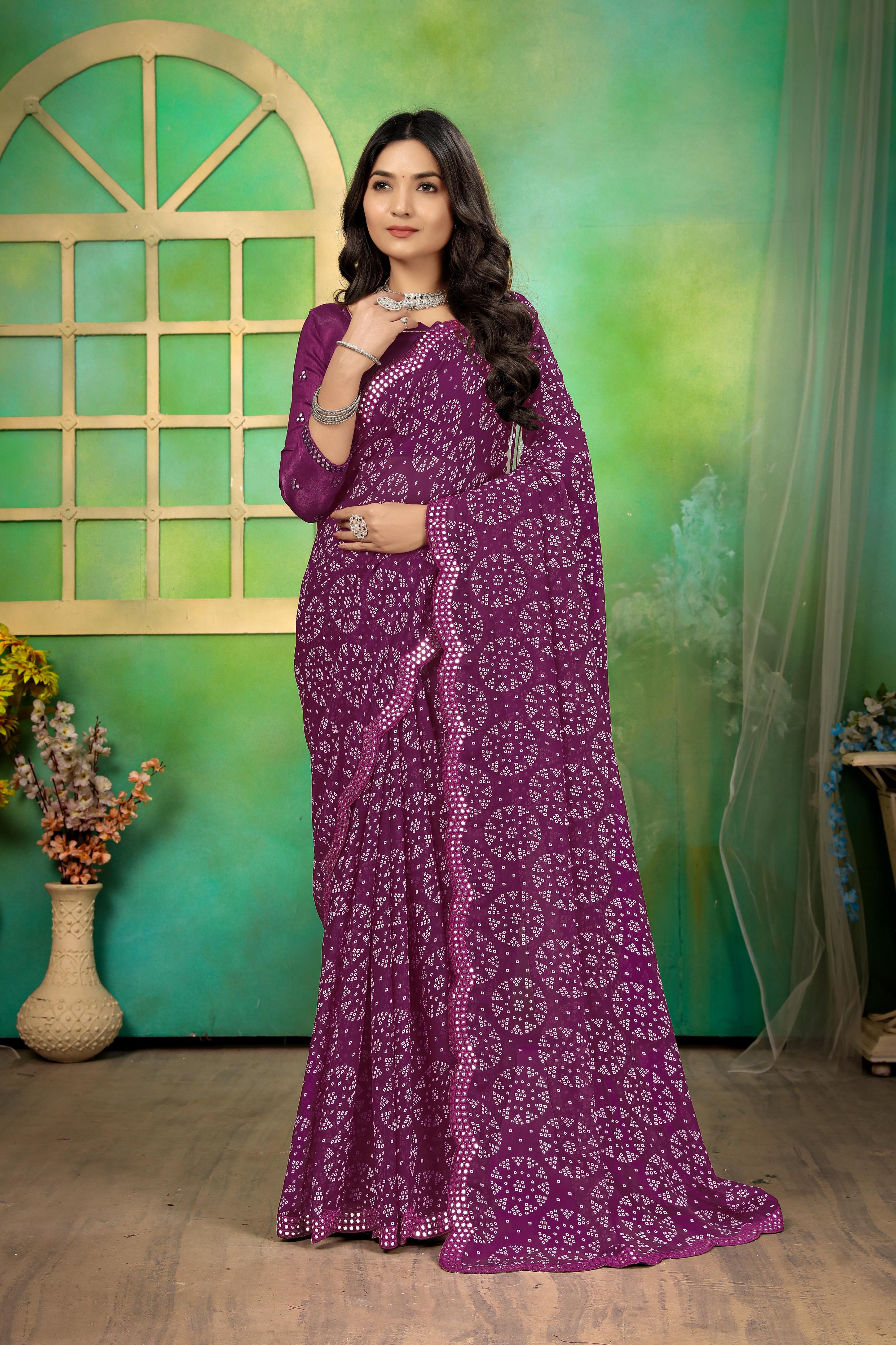 Purple Georgette Bhandej Mirror Work Saree