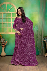 Purple Georgette Bandhani Mirror Work Saree