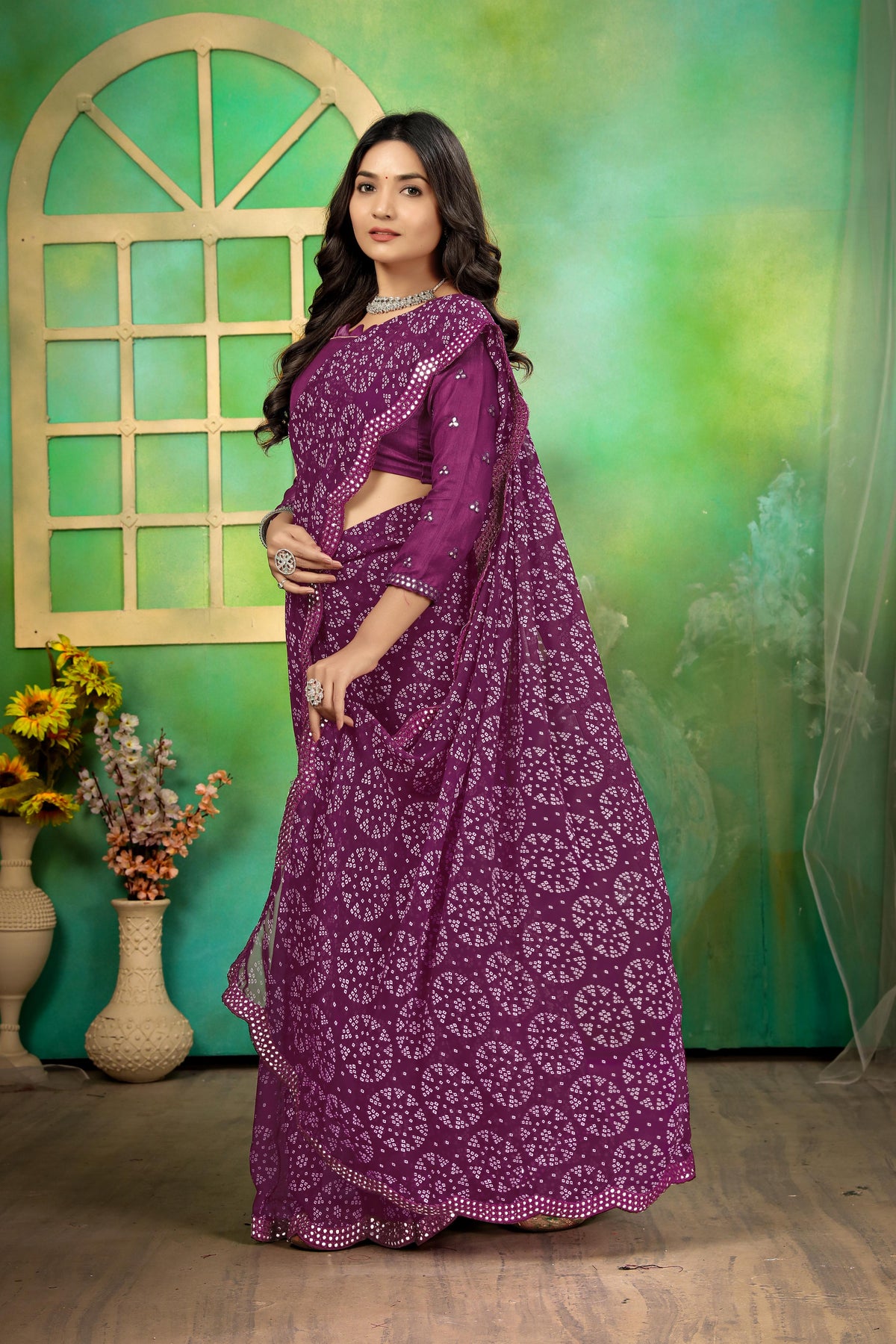 Purple Georgette Bhandej Mirror Work Saree