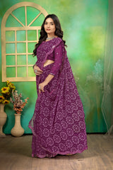 Purple Georgette Bandhani Mirror Work Saree