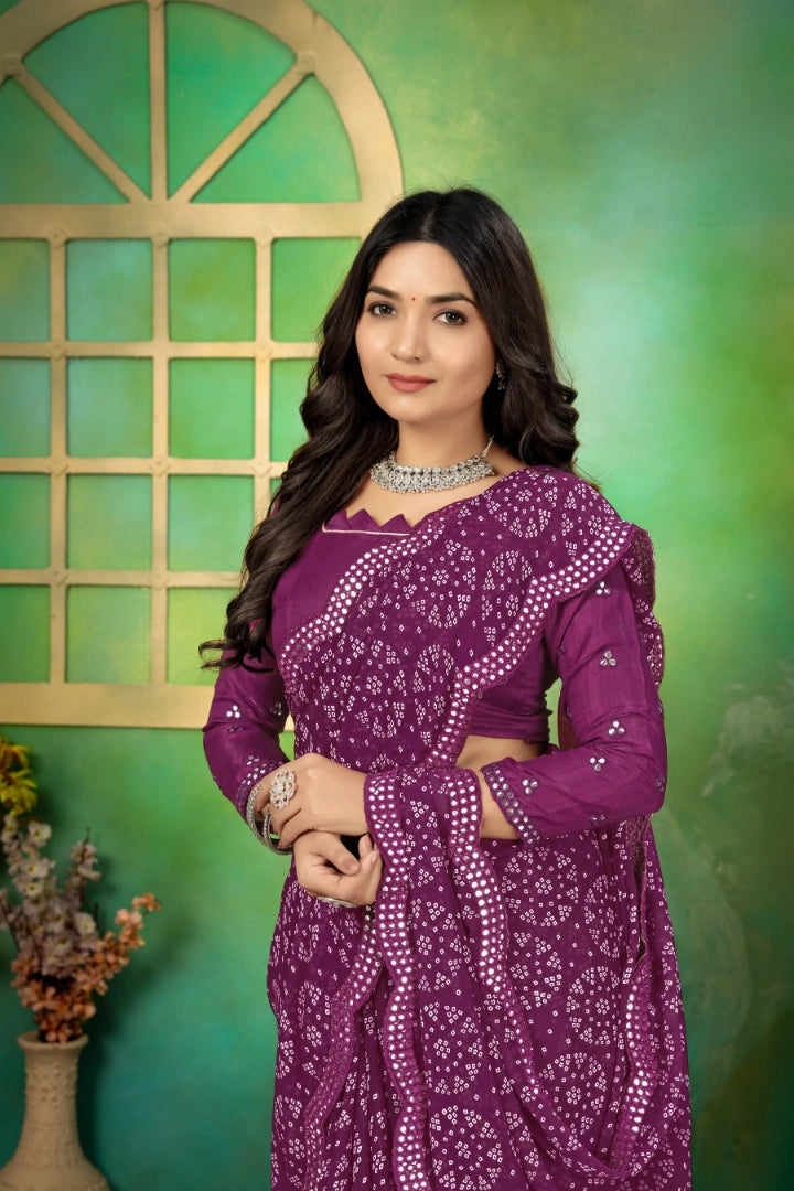 Purple Georgette Bandhani Mirror Work Saree