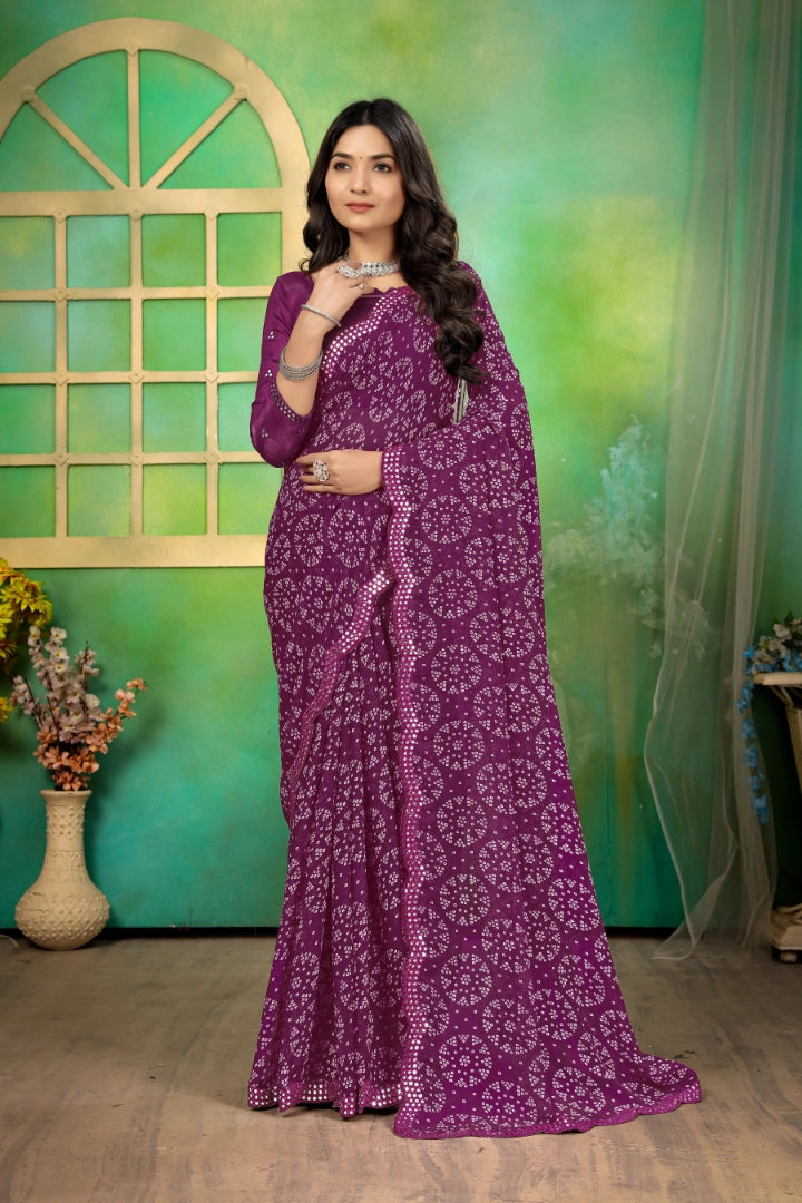 Purple Georgette Bandhani Mirror Work Saree