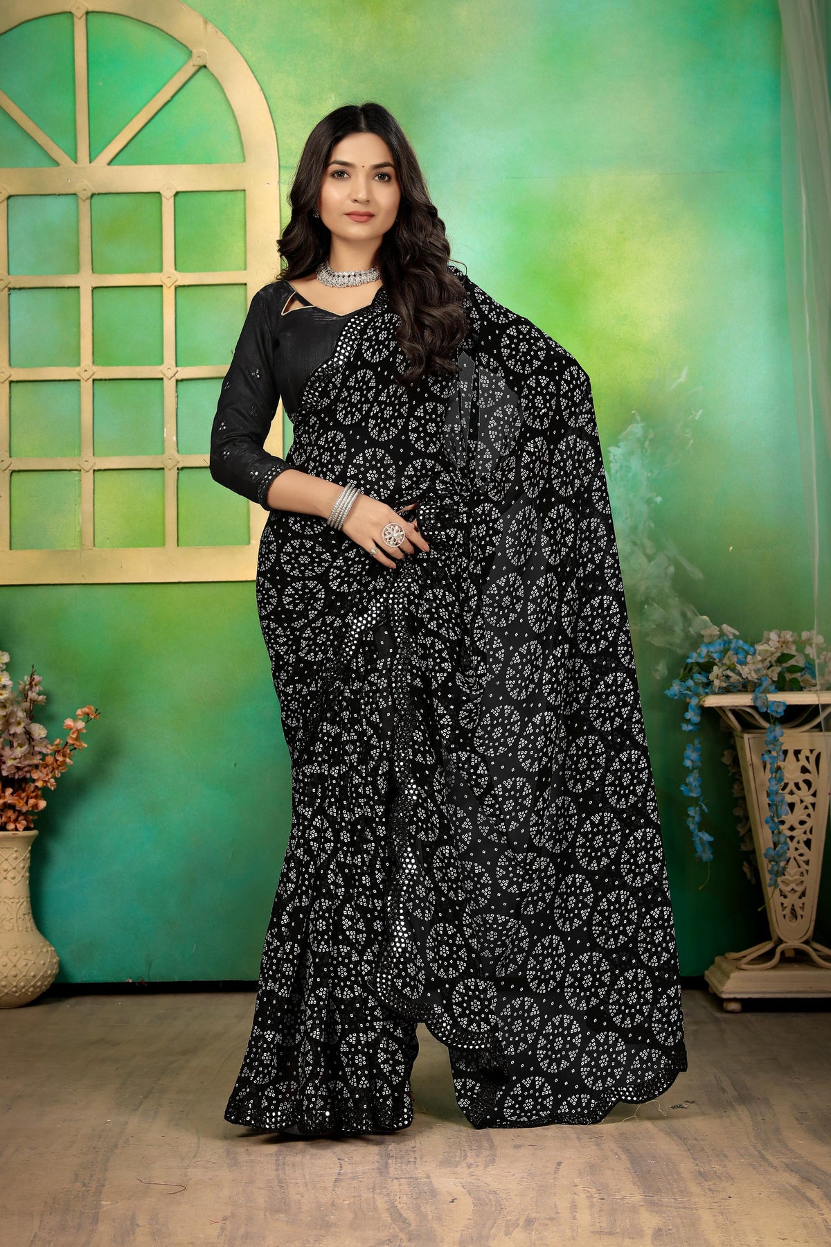 Black Georgette Bhandej Mirror Work Saree