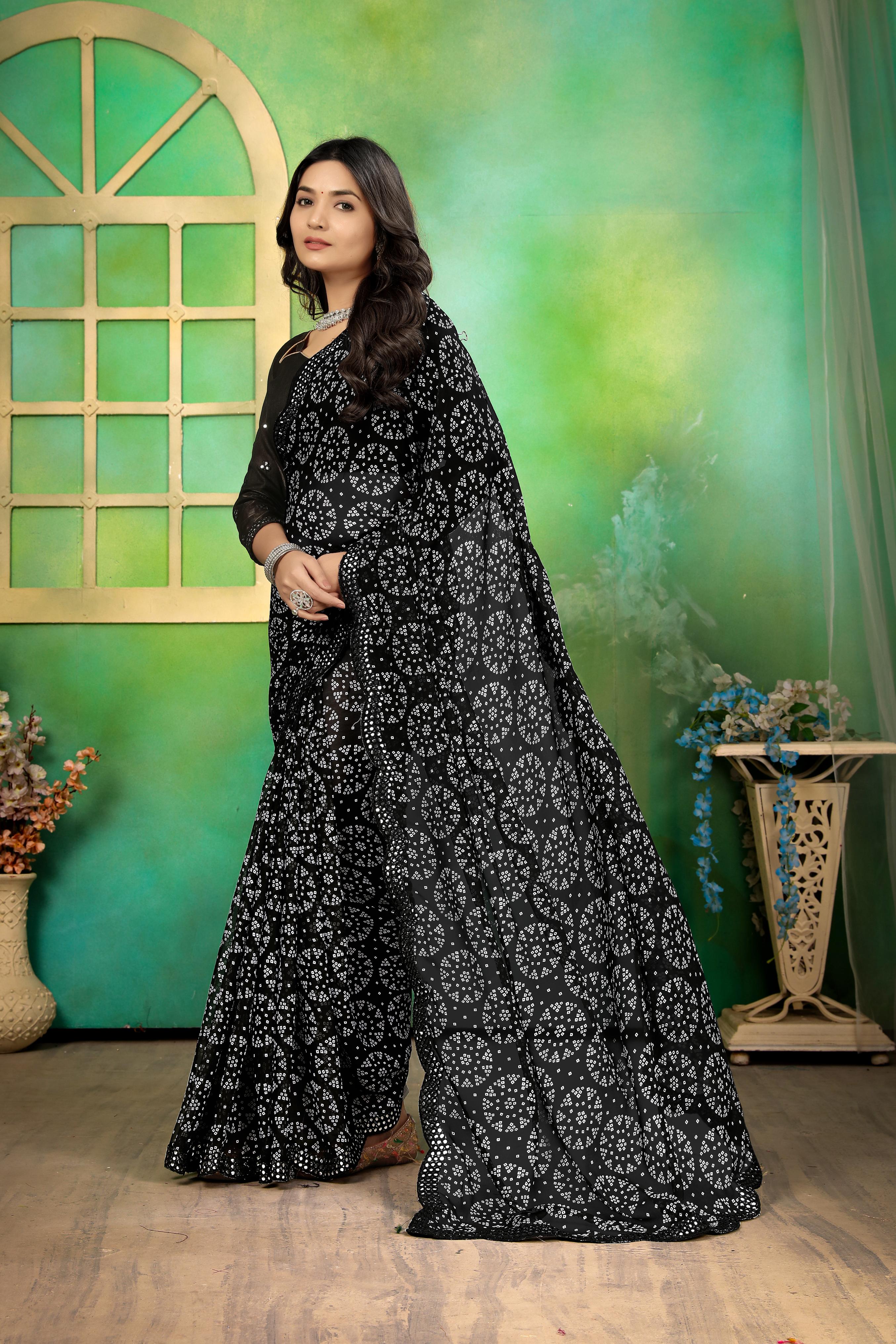 Black Georgette Bhandej Mirror Work Saree