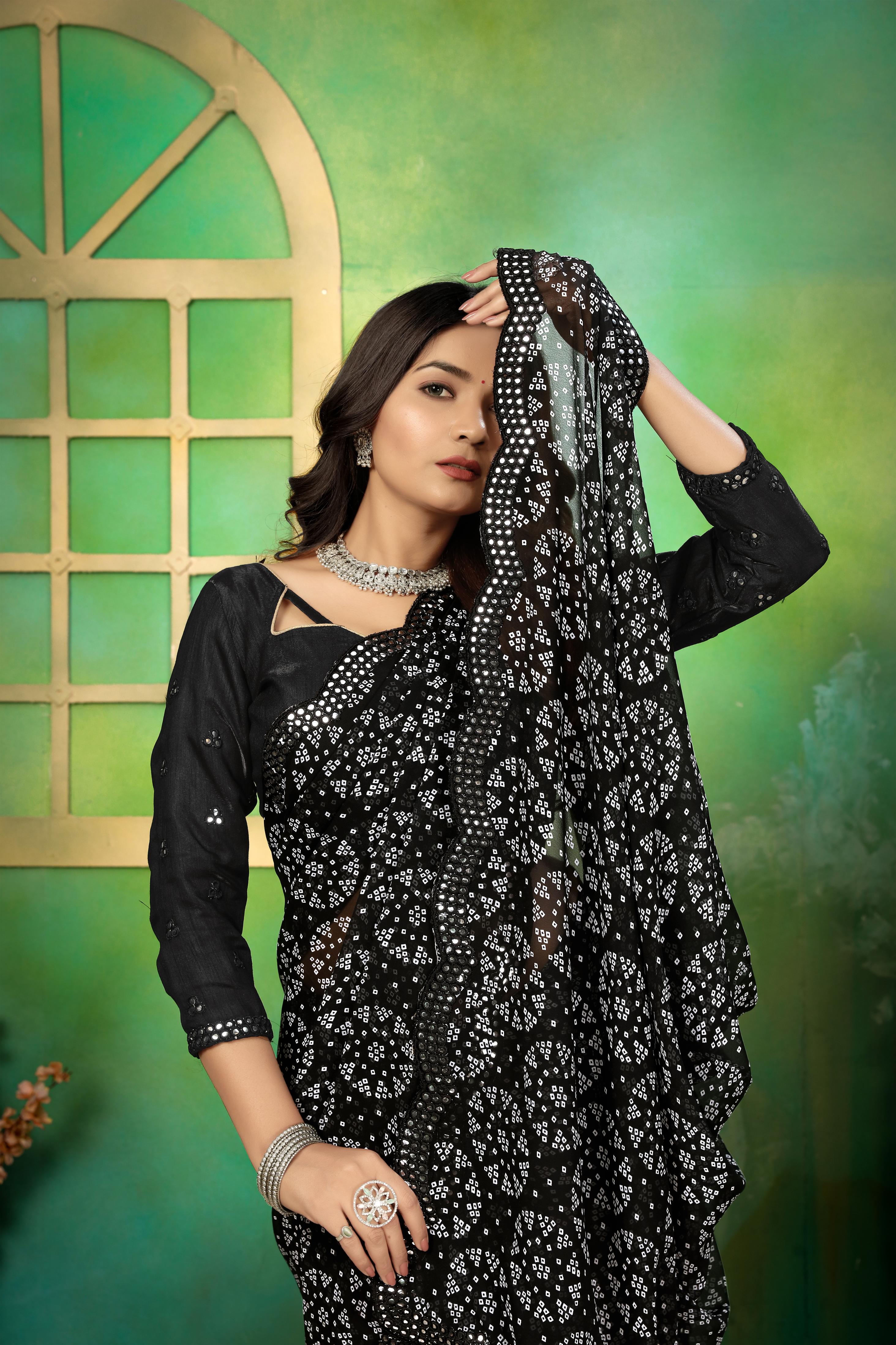 Black Georgette Bhandej Mirror Work Saree