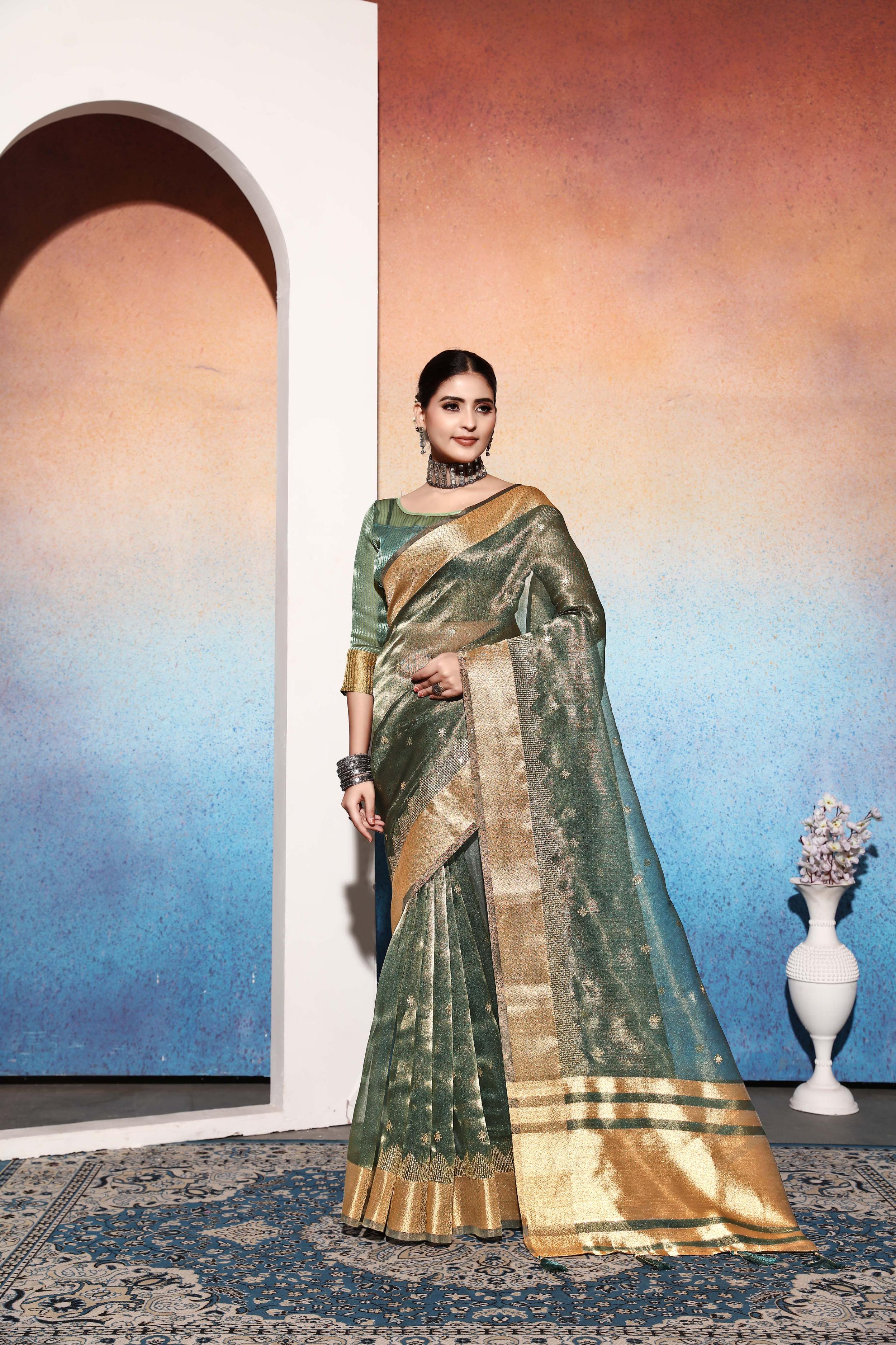 Green Tissue Cotton Silk Sequins Embroidery Saree