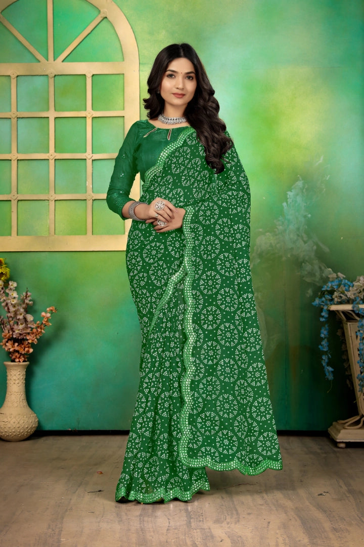 Green Georgette Bandhani Mirror Work Saree