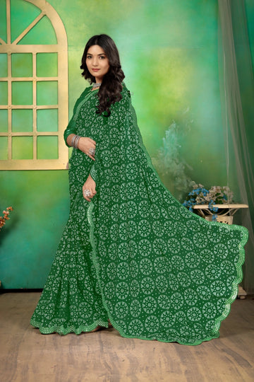 Green Georgette Bandhani Mirror Work Saree