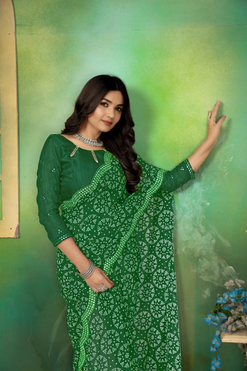 Green Georgette Bandhani Mirror Work Saree