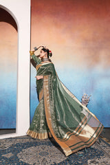 Green Tissue Cotton Silk Sequins Embroidery Saree