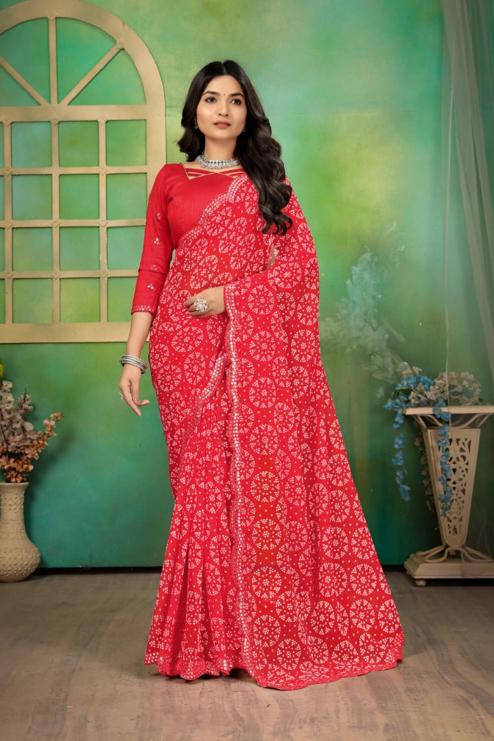 Red Georgette Bandhani Mirror Work Saree
