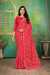 Red Georgette Bandhani Mirror Work Saree