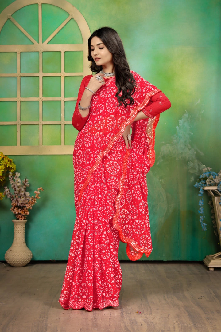 Red Georgette Bandhani Mirror Work Saree