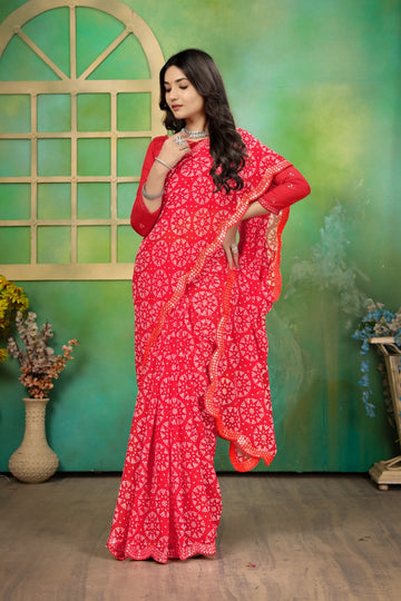 Red Georgette Bandhani Mirror Work Saree