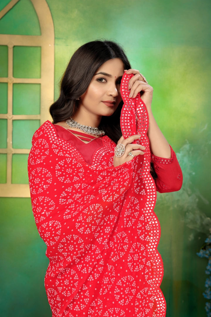 Red Georgette Bandhani Mirror Work Saree