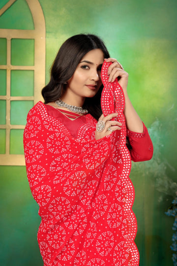 Red Georgette Bandhani Mirror Work Saree