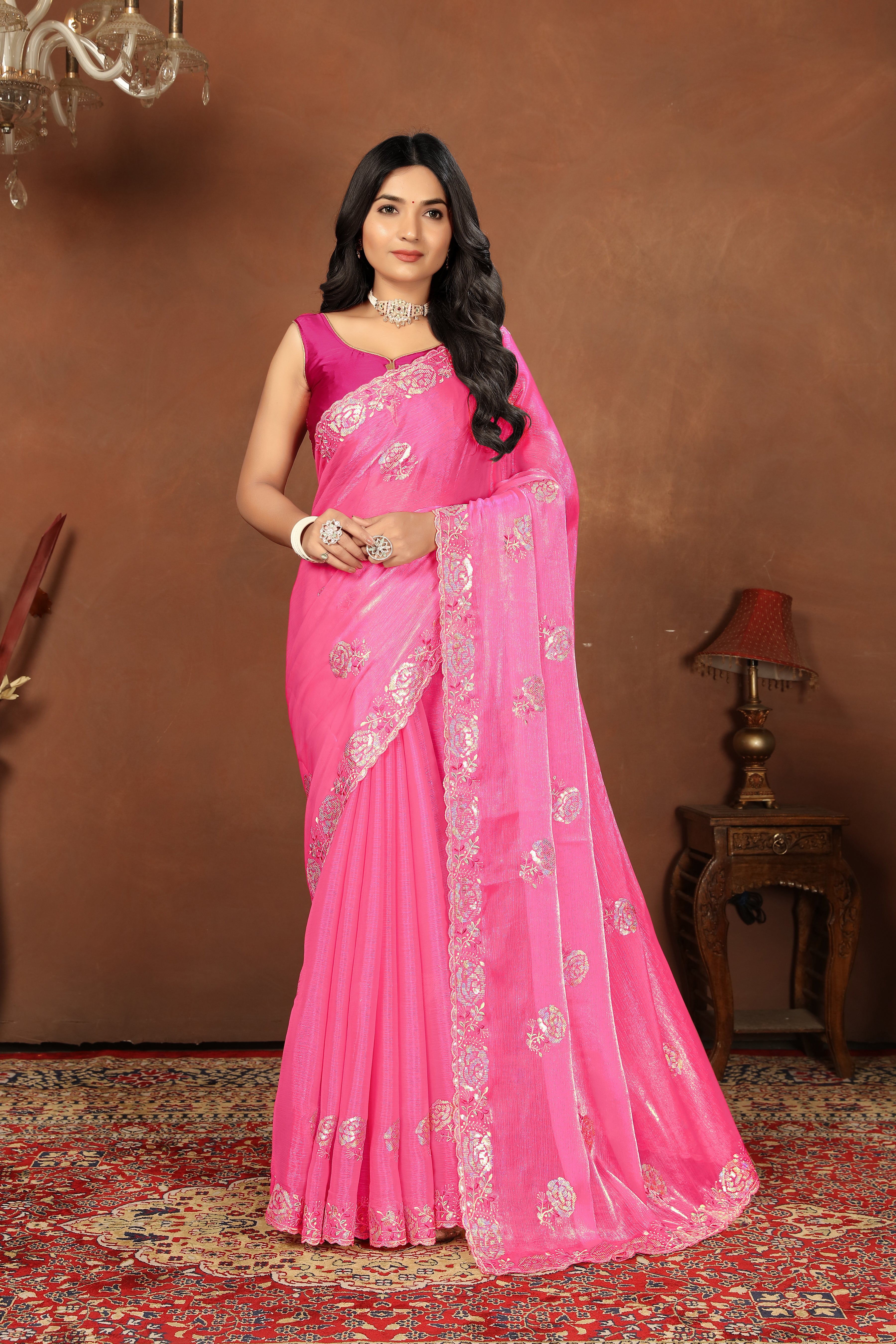 Light Pink Embroidery siquance jimmi chhoo barbaric saree with  Blouse