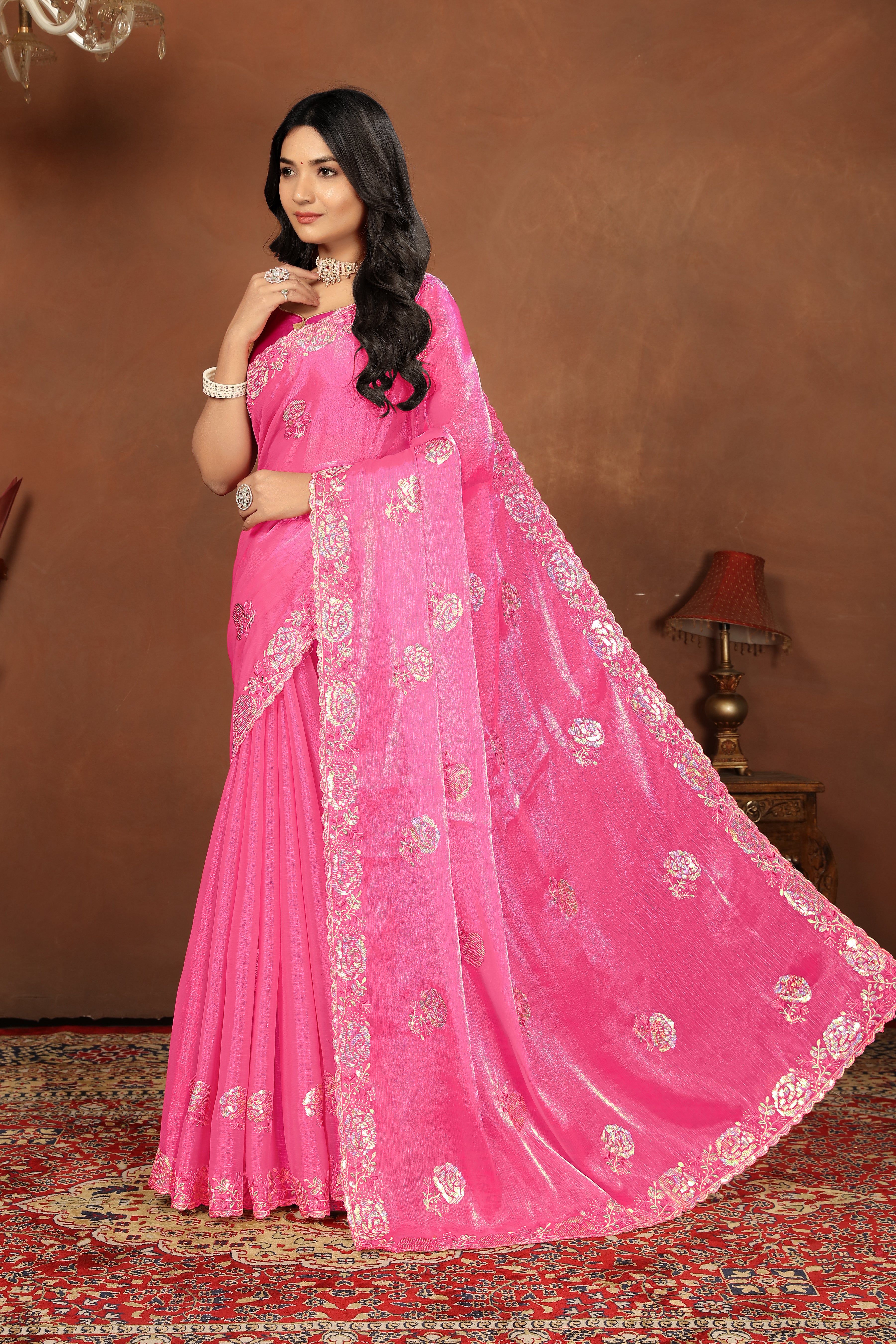 Light Pink Embroidery siquance jimmi chhoo barbaric saree with  Blouse