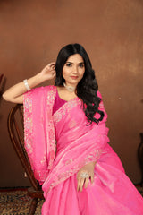 Light Pink Embroidery siquance jimmi chhoo barbaric saree with  Blouse