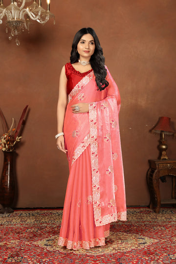 Red Embroidery Sequence Jimmy Choo Barbaric Saree With  Blouse