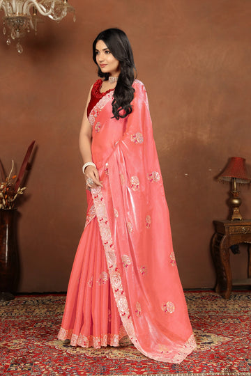 Red Embroidery Sequence Jimmy Choo Barbaric Saree With  Blouse