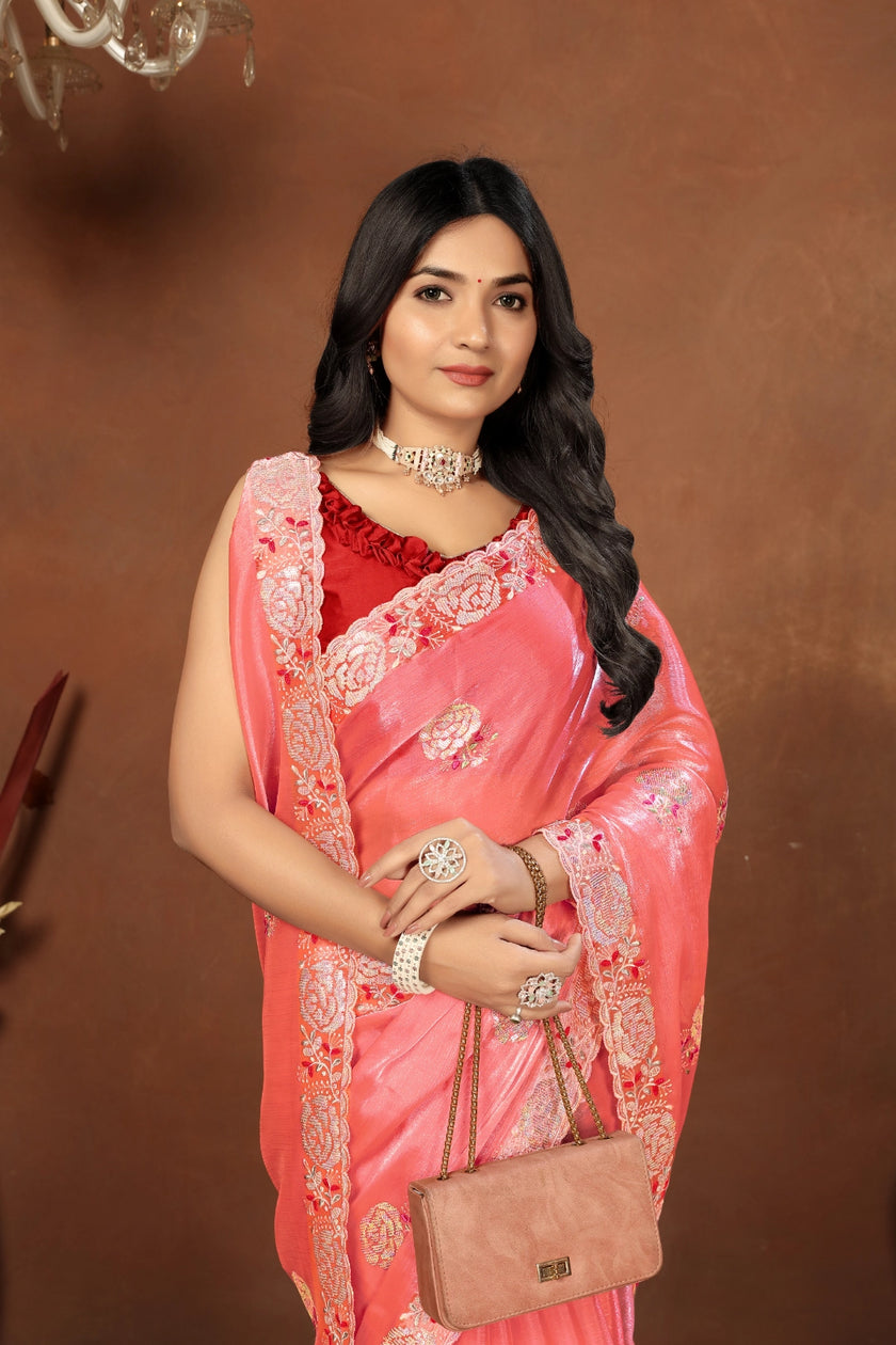 Red Embroidery Sequence Jimmy Choo Barbaric Saree With  Blouse