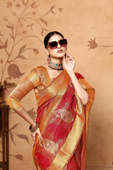 Maroon Tissue Cotton Silk Embroidery Saree