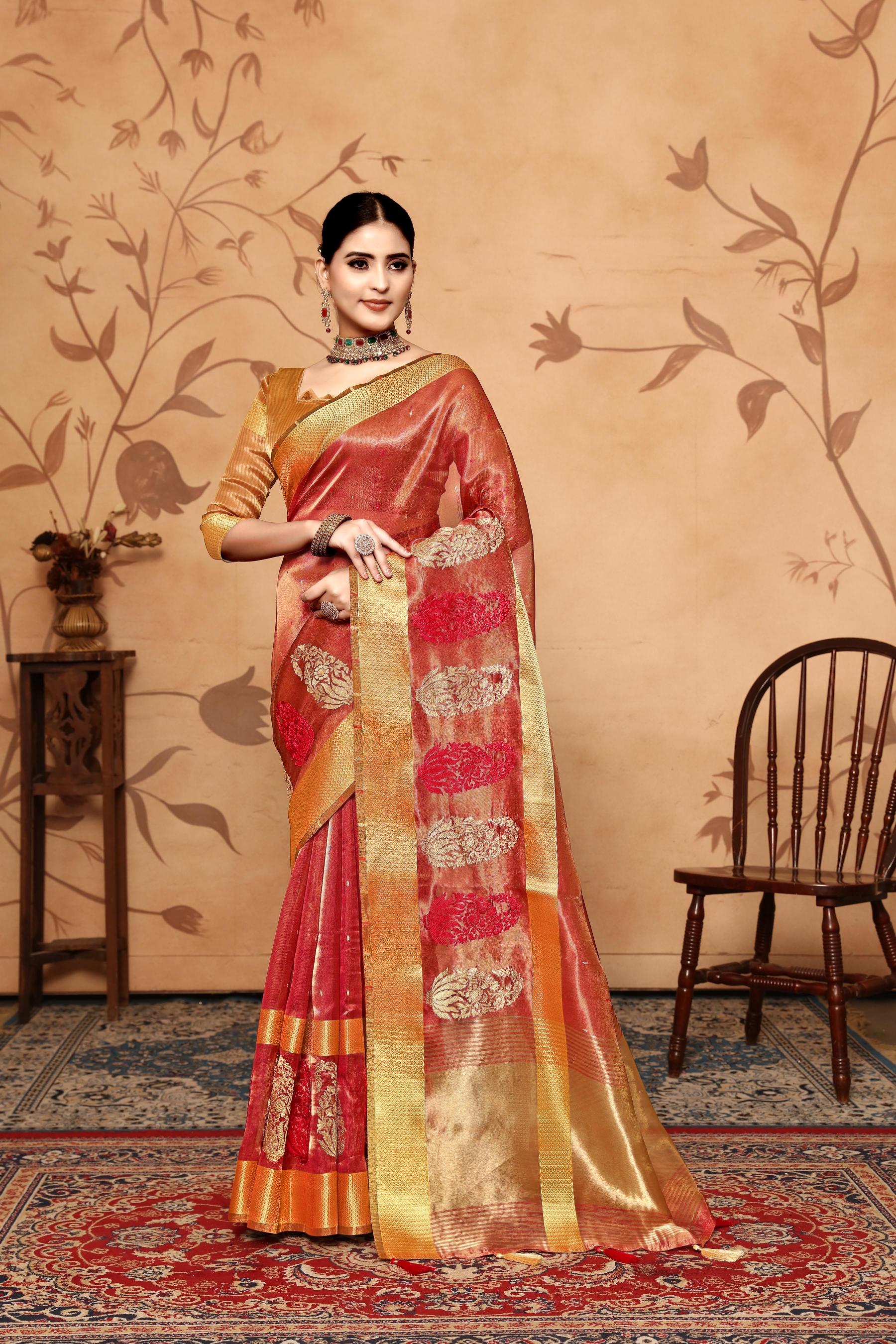 Maroon Tissue Cotton Silk Embroidery Saree