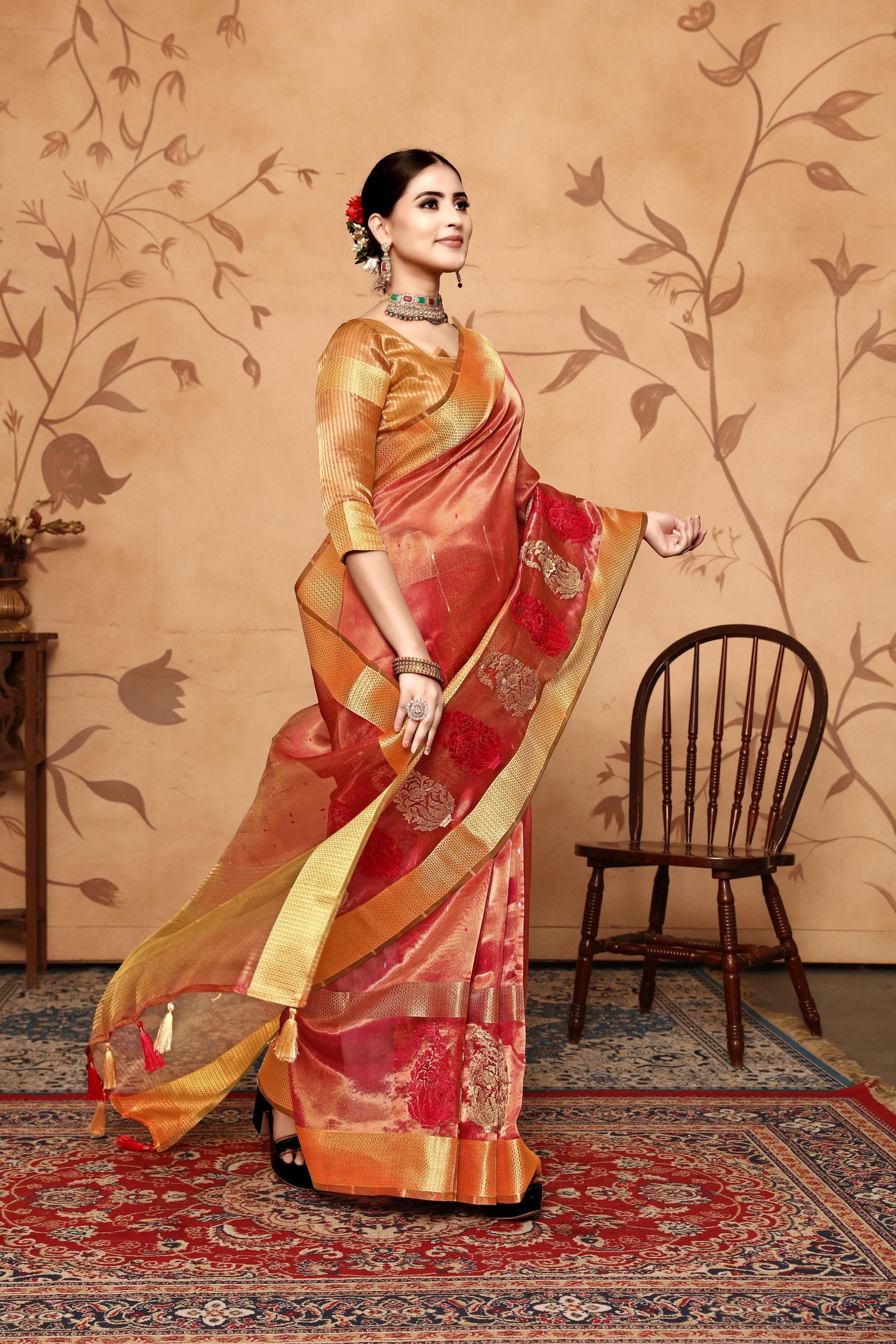 Maroon Tissue Cotton Silk Embroidery Saree