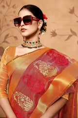 Maroon Tissue Cotton Silk Embroidery Saree