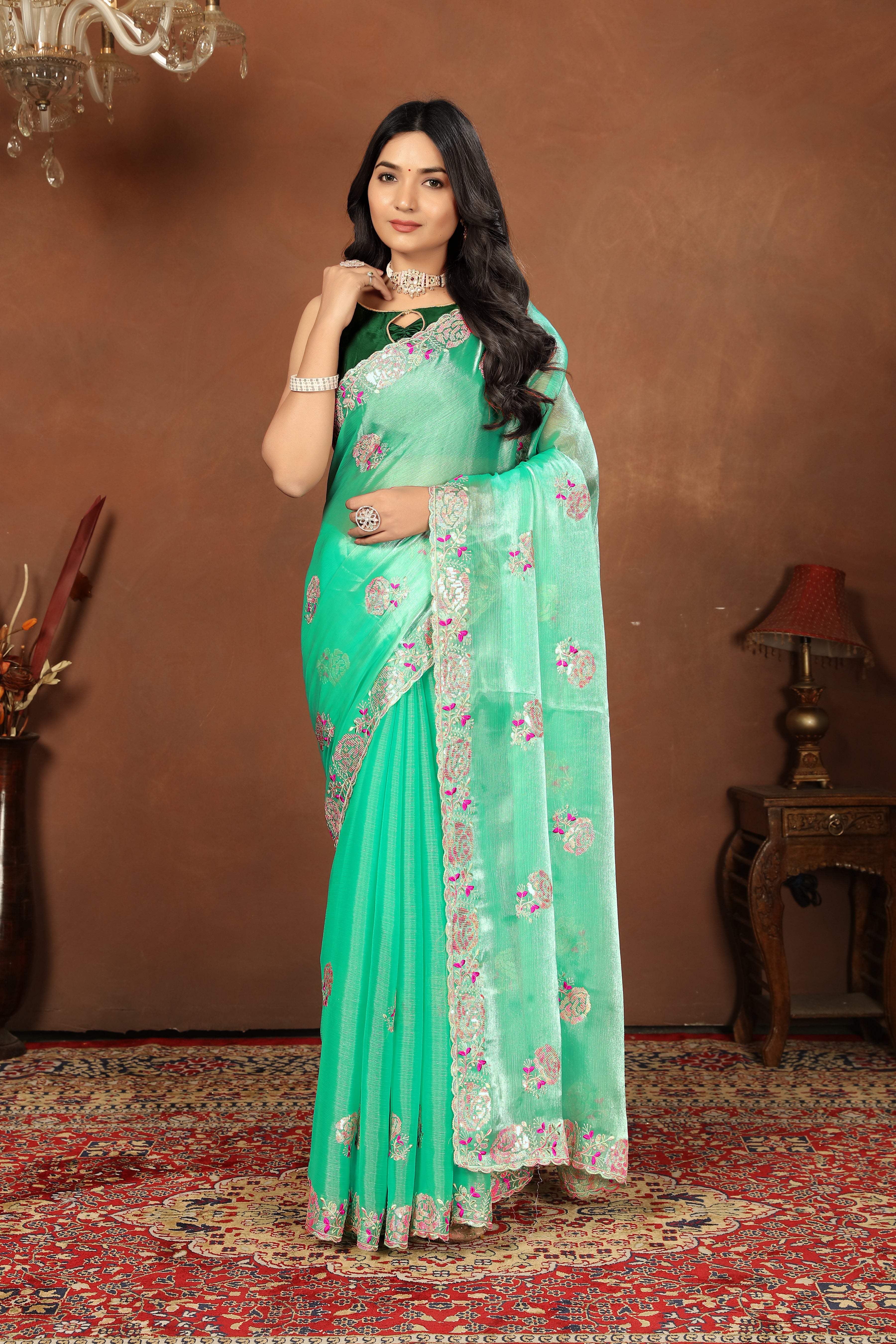 Green Embroidery siquance jimmi chhoo barbaric saree with  Blouse