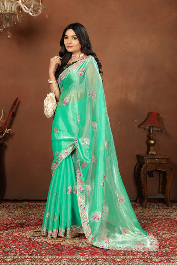 Green Embroidery Sequence Jimmy Choo Barbaric saree with  Blouse