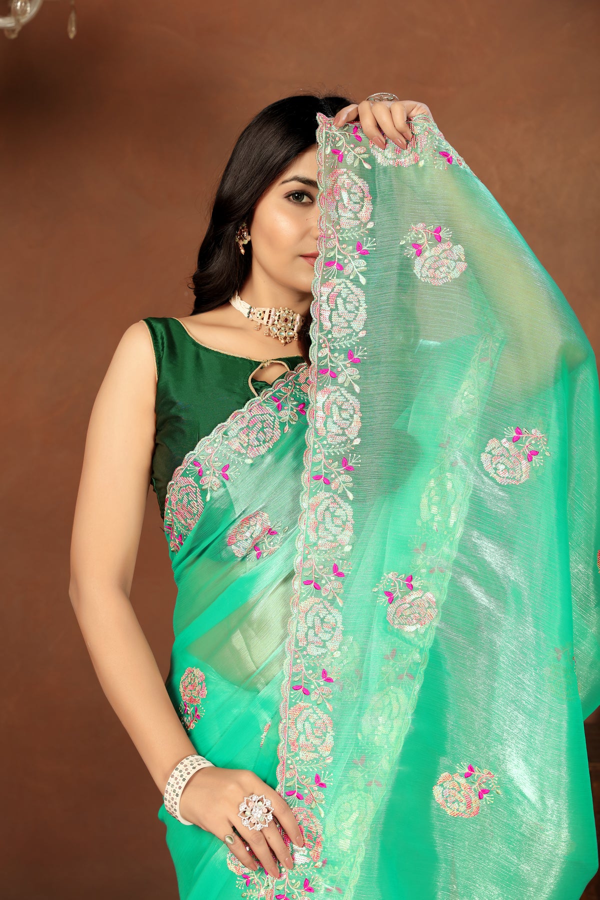 Green Embroidery siquance jimmi chhoo barbaric saree with  Blouse