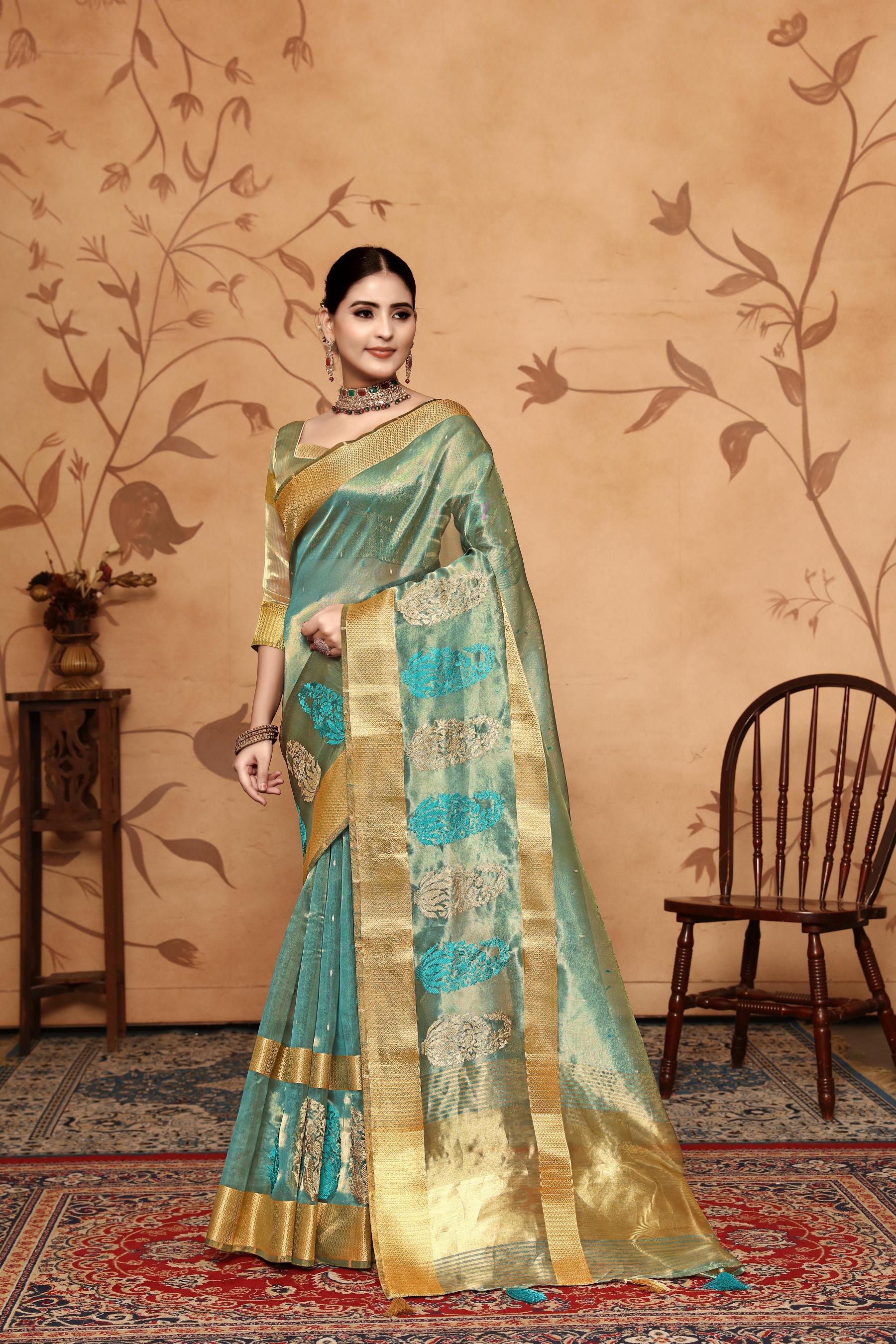 Blue Tissue Cotton Silk Embroidery Saree