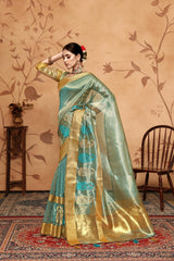 Blue Tissue Cotton Silk Embroidery Saree