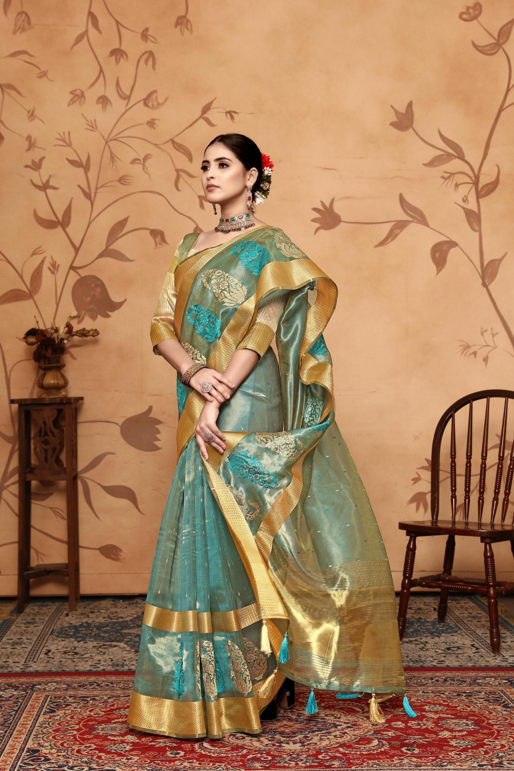 Blue Tissue Cotton Silk Embroidery Saree