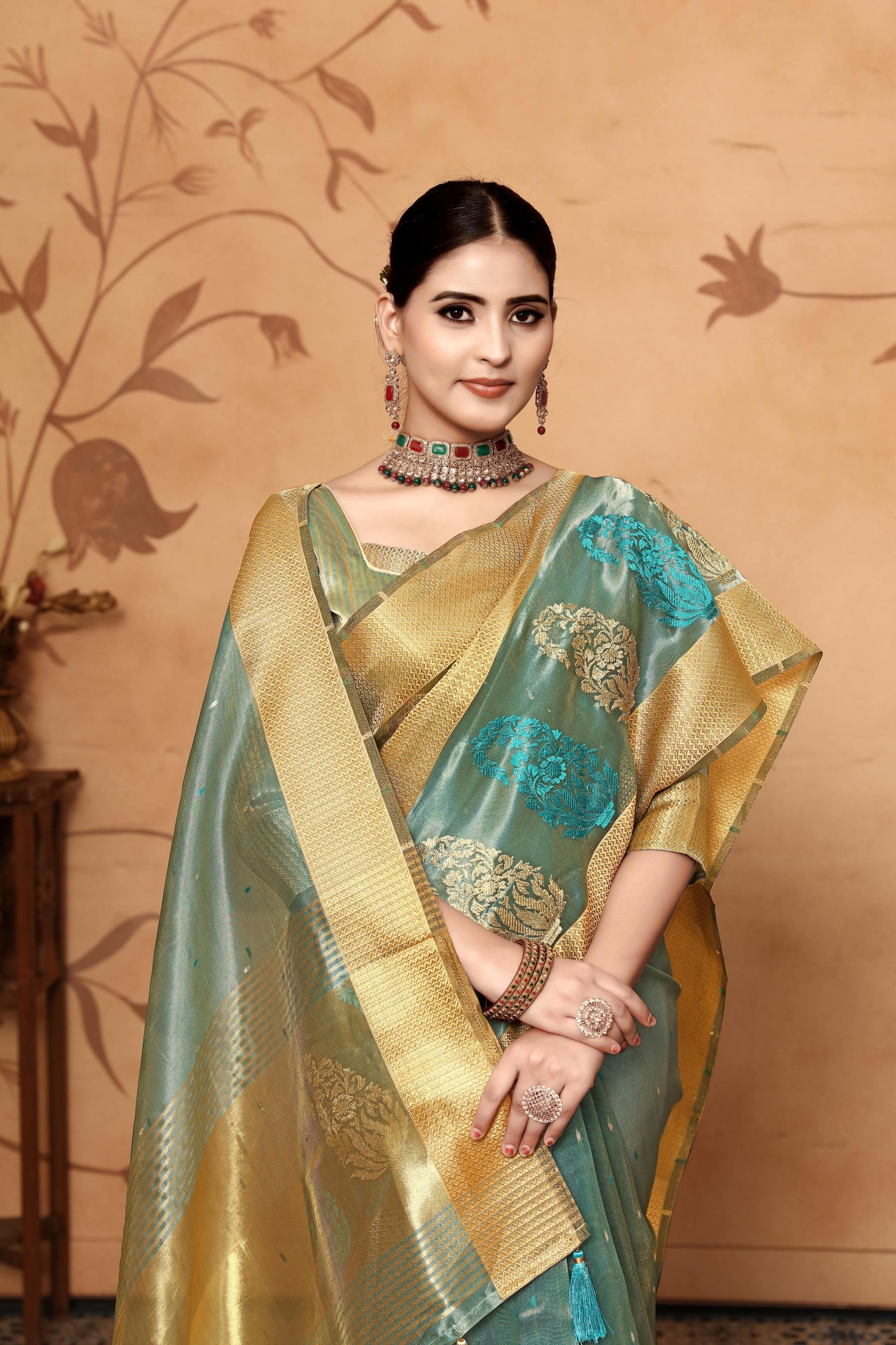 Blue Tissue Cotton Silk Embroidery Saree