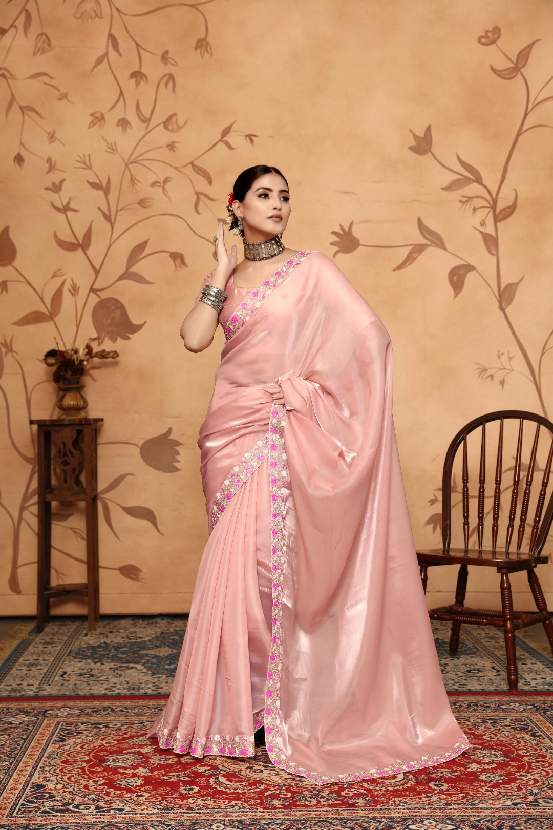 Off White Floral Sequins Embroidery Work Jimmy Choo Saree