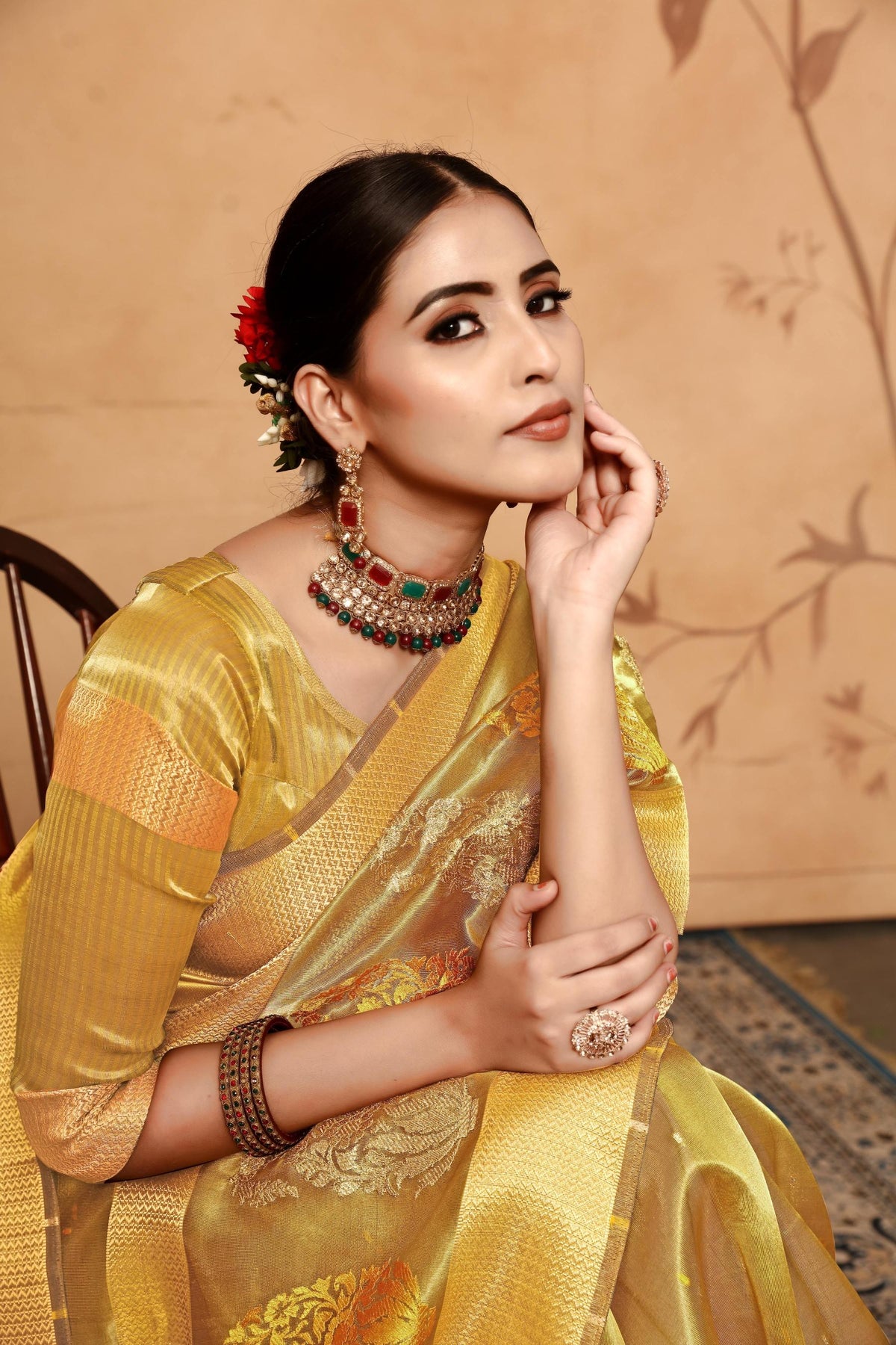 Yellow Tissue Cotton Silk Embroidery Saree