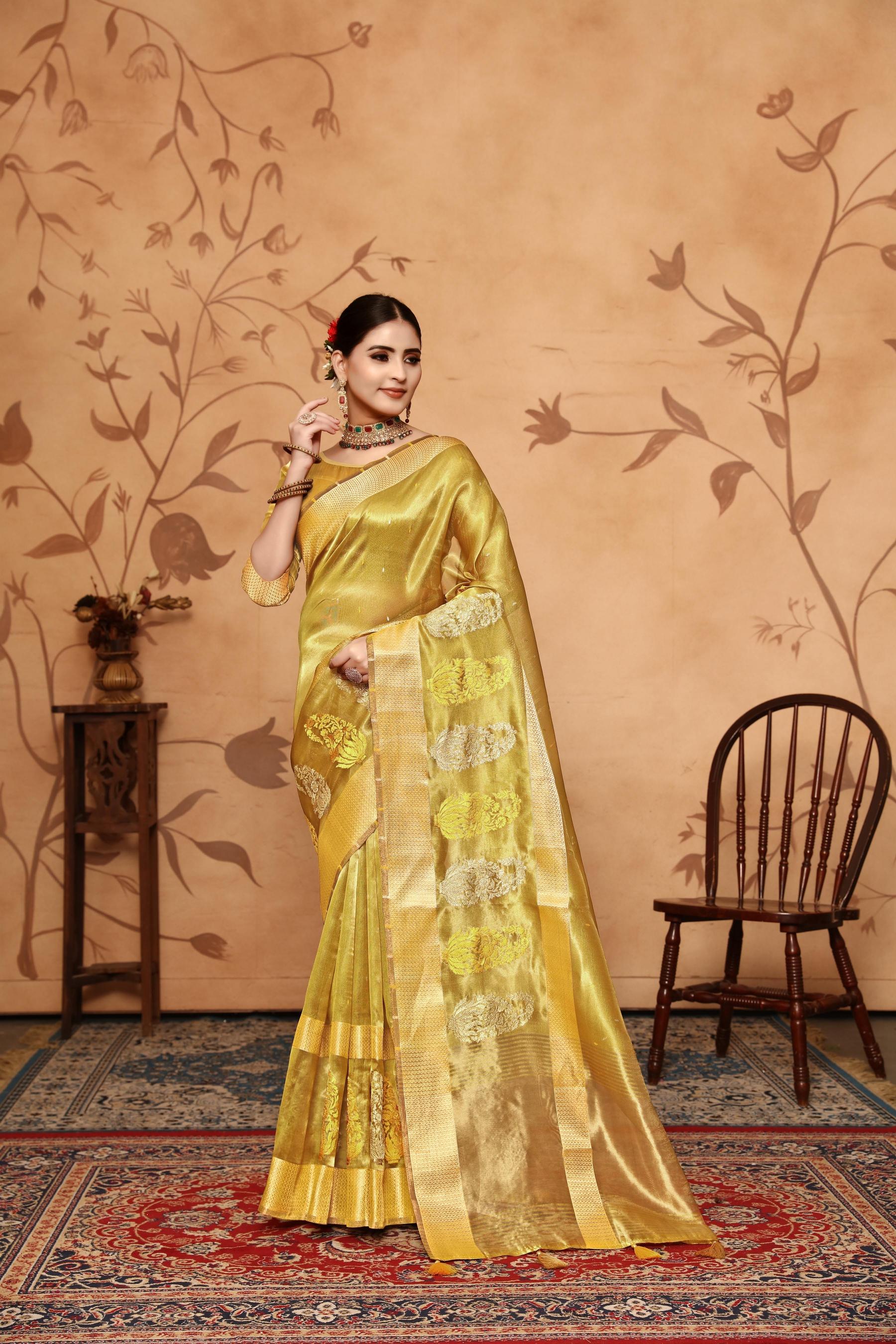 Yellow Tissue Cotton Silk Embroidery Saree