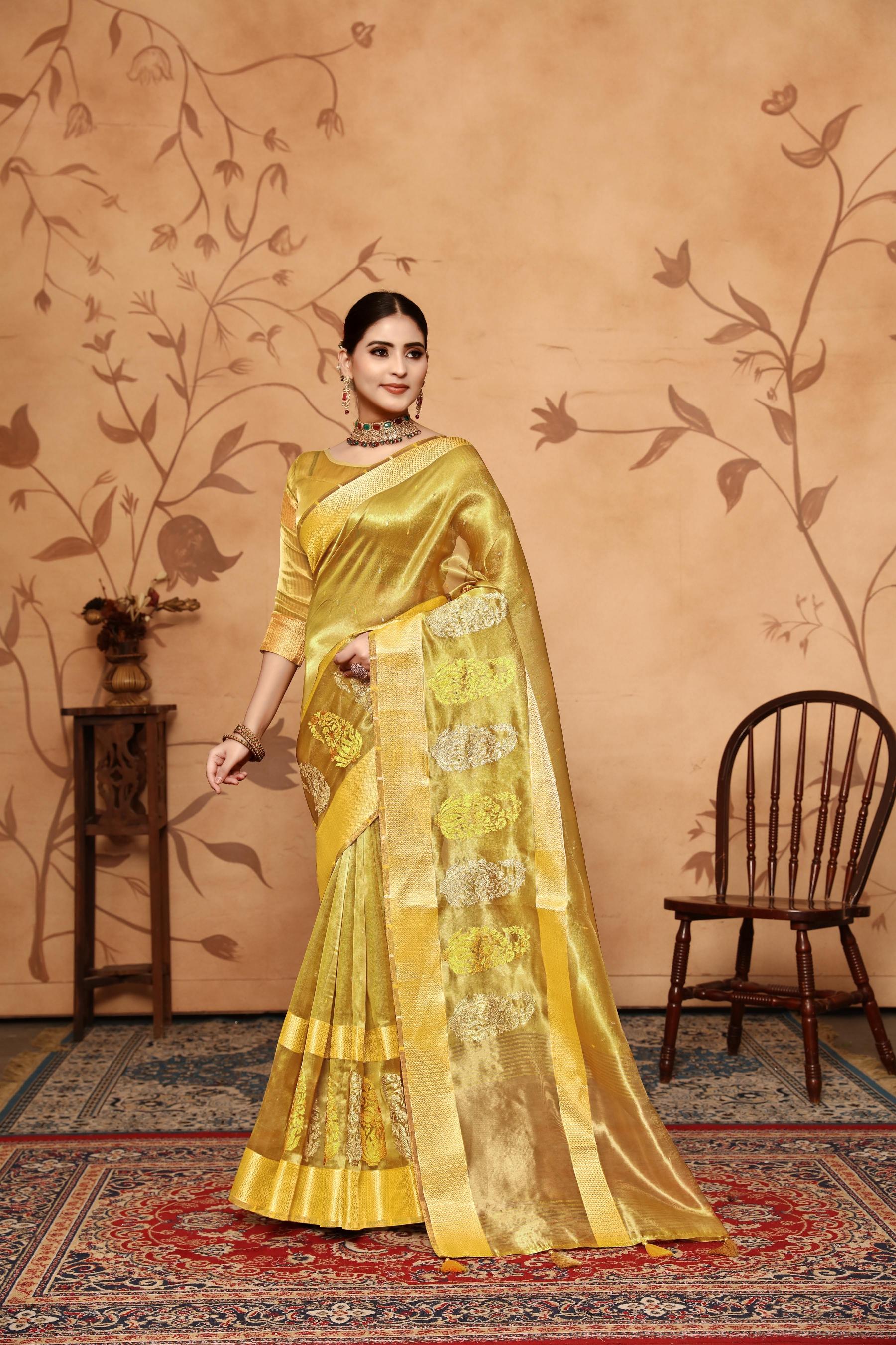 Yellow Tissue Cotton Silk Embroidery Saree