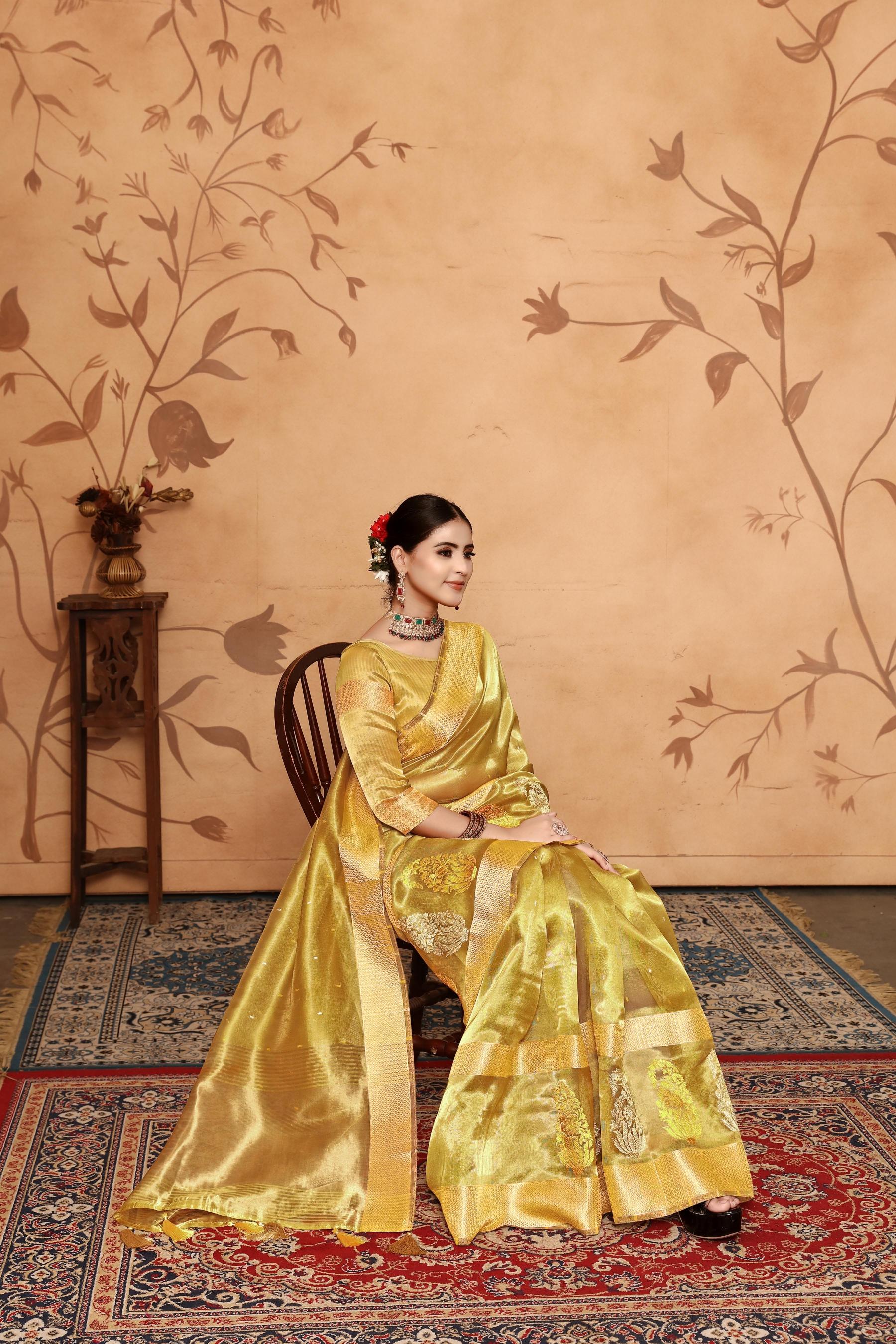 Yellow Tissue Cotton Silk Embroidery Saree