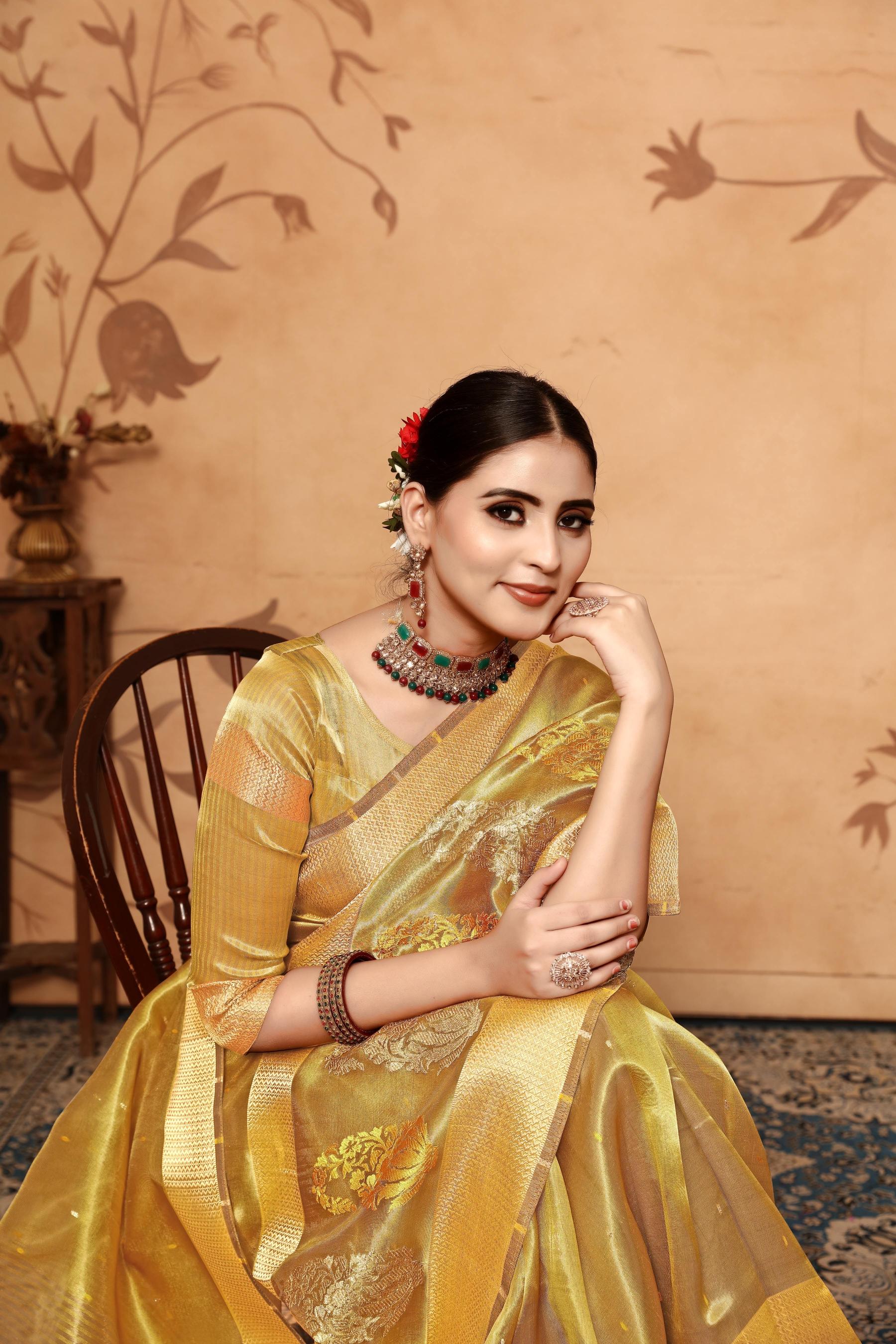 Yellow Tissue Cotton Silk Embroidery Saree