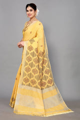 Lemon Yellow Linen Cotton Embroidery Saree