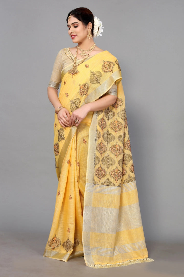 Lemon Yellow Linen Cotton Embroidery Saree