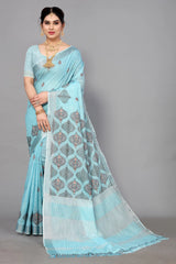 Light Blue Linen Cotton Embroidery Saree