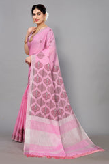 Baby Pink Linen Cotton Embroidery Saree